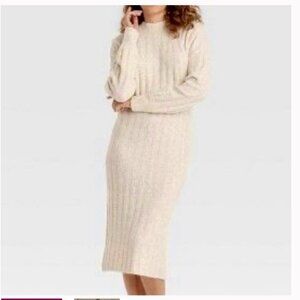 Rib-Knit Cream Midi Sweater Dress Large Long Sleeve
